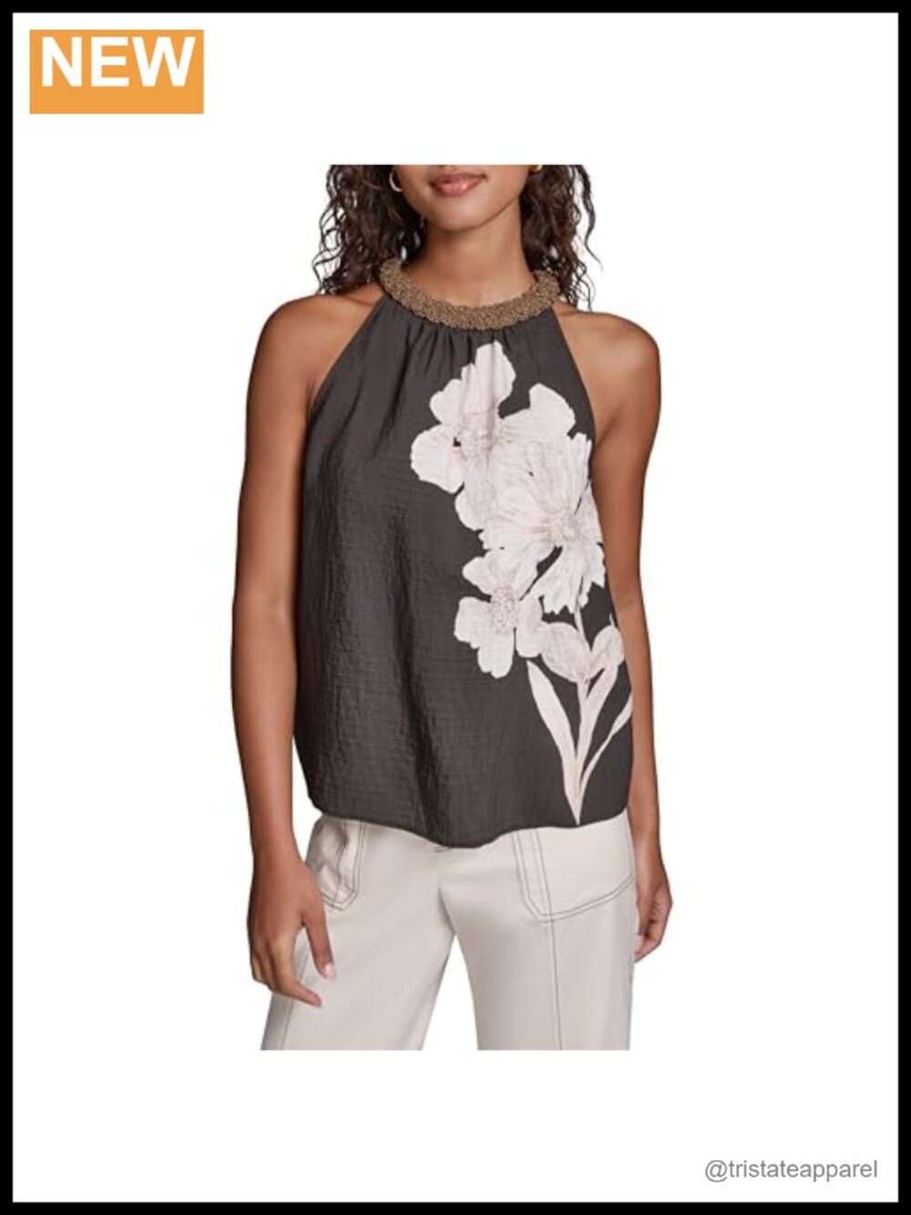 Karl Lagerfeld Bejeweled Halter Neck Blouse Cap Sleeve Floral Rayon Navy